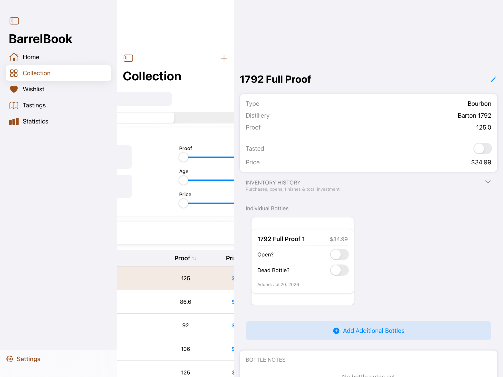 BarrelBook on iPad — Collection list with bottle detail split view
