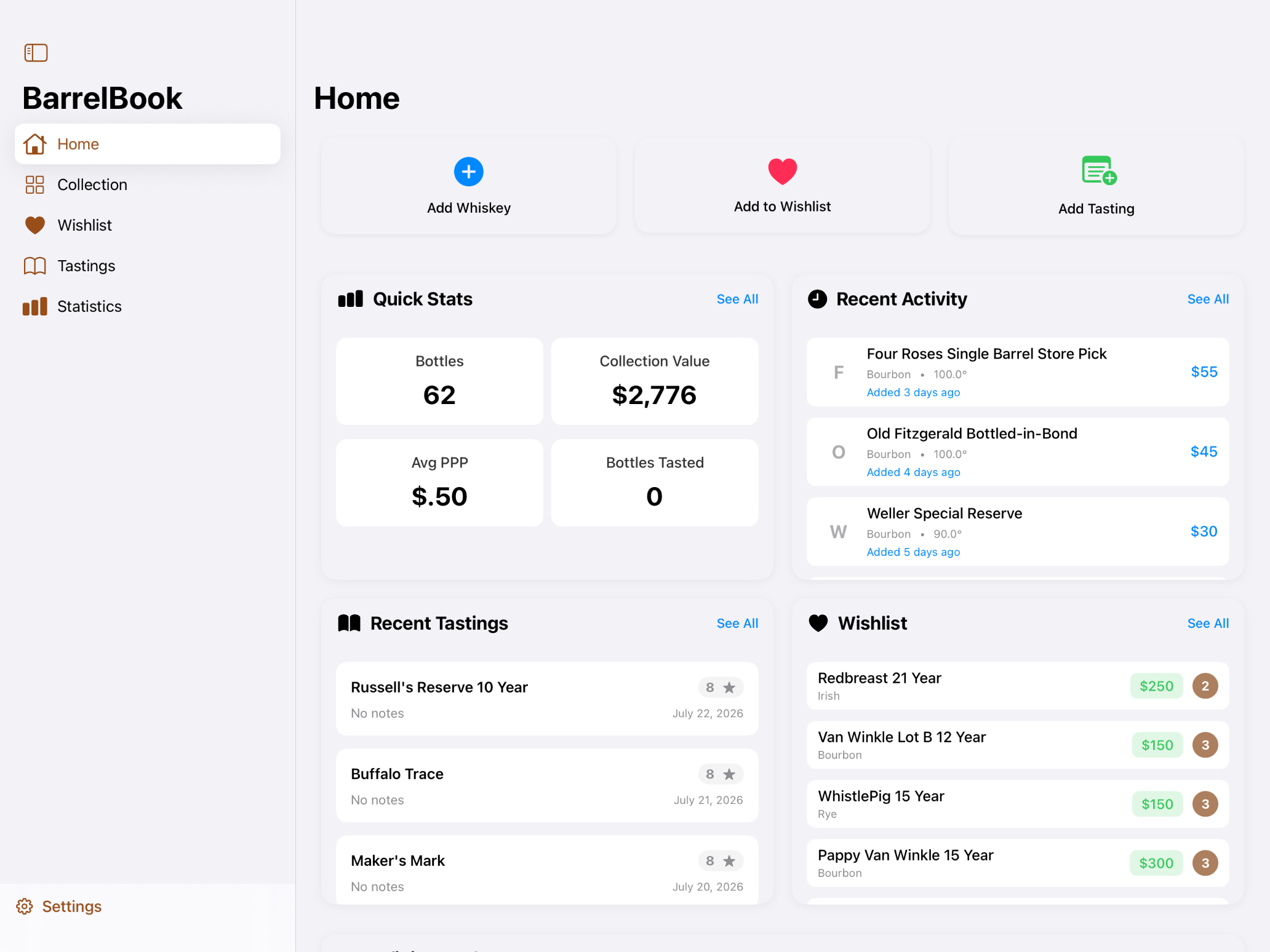BarrelBook on iPad — landscape Home with sidebar, collection stats, tastings, and wishlist