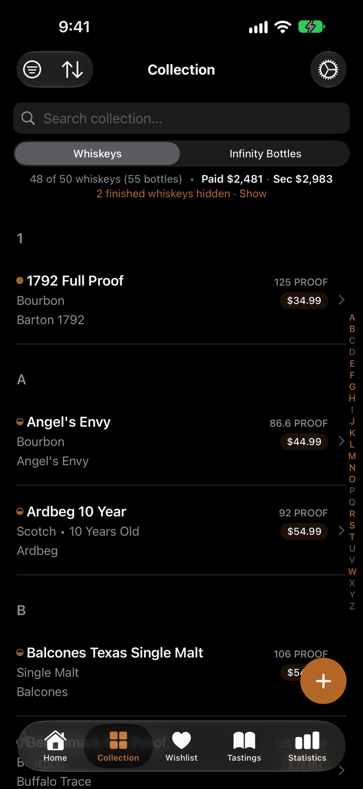 BarrelBook's Collection on iPhone: every bottle with its proof and price