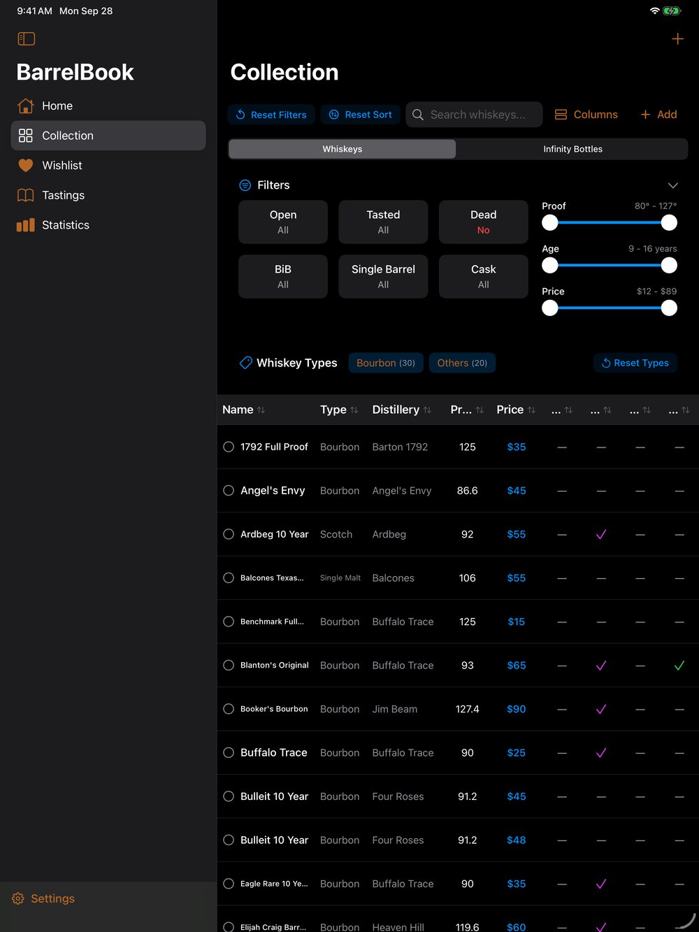 BarrelBook on iPad: the collection as a sortable table
