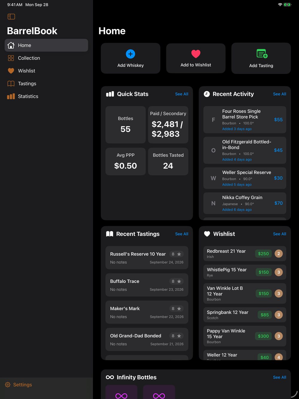 BarrelBook on iPad: Home with the sidebar, quick stats, recent activity and wishlist