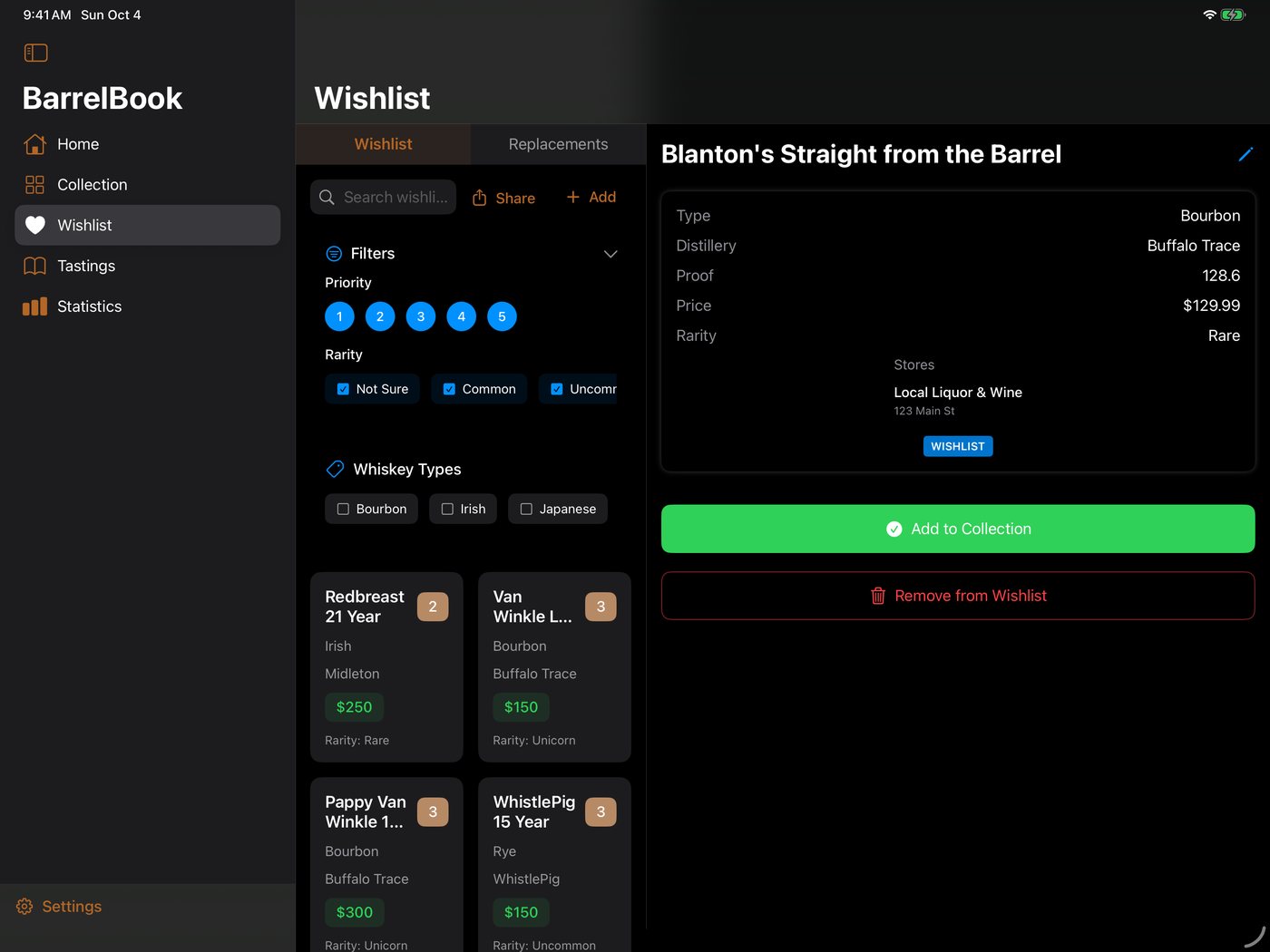 BarrelBook on iPad in landscape: the wishlist beside the open bottle's details